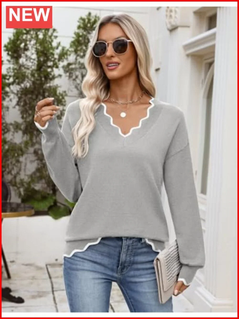 V Neck Long Sleeve Lightweight Knit Pullover Sweater Casual Loose Fit